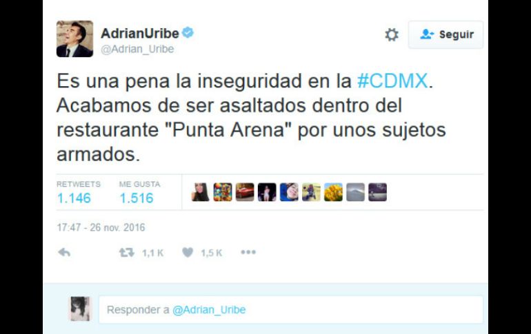 Uribe levantó la denuncia correspondiente en la Delegación Álvaro Obregón. TWITTER / @Adrian_Uribe