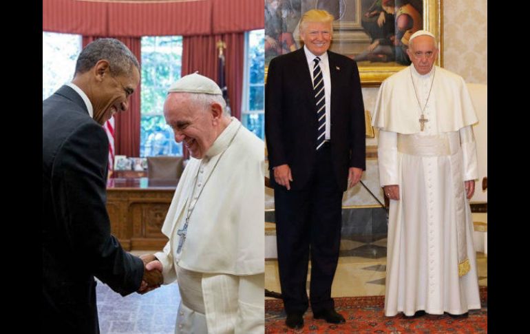 Comparó la expresión seria del Pontífice en compañía de Trump con la sonrisa que mostró con Barack Obama. ESPECIAL / P. Souza / A. Tarantino