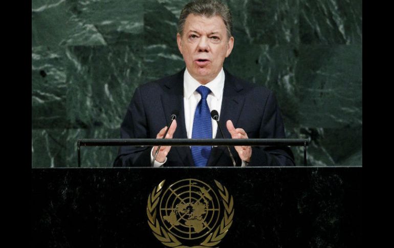 El presidente de Colombia, Juan Manuel Santos, ofrece un discurso ante la Asamblea General de la ONU. EFE / J. Lane